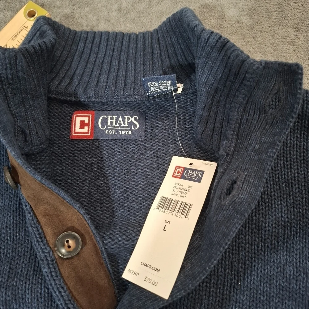 Chaps Men's L Sweater With Elbow Patches Blue. 100% Cotton NWT